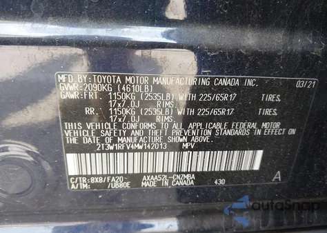 2021 Toyota Rav4 Xle z USA, uszkodzony, nr VIN 2T3W1RFV4MW142013